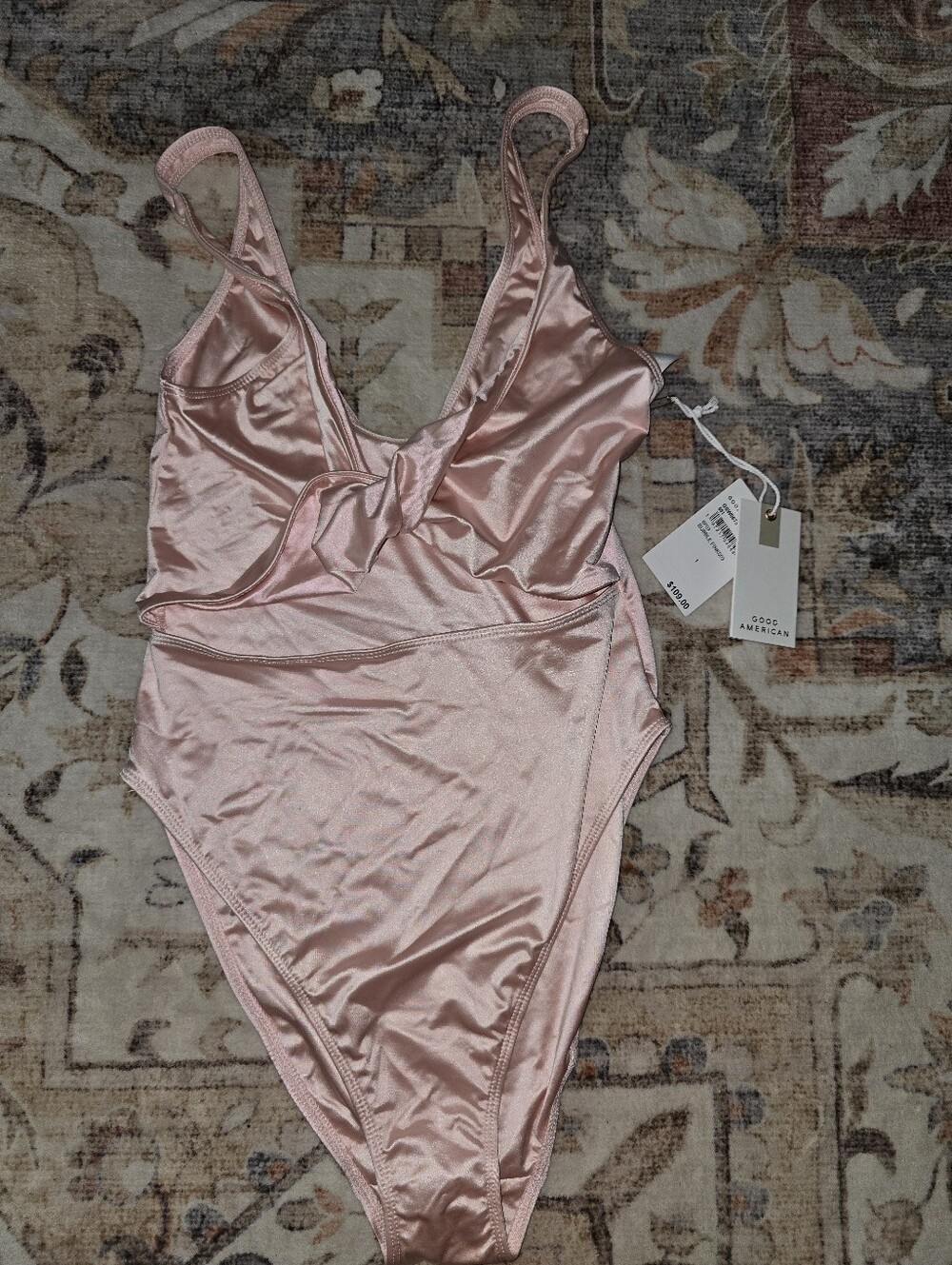 Good American Pink Satin One-Piece Swimsuit with Front Tie